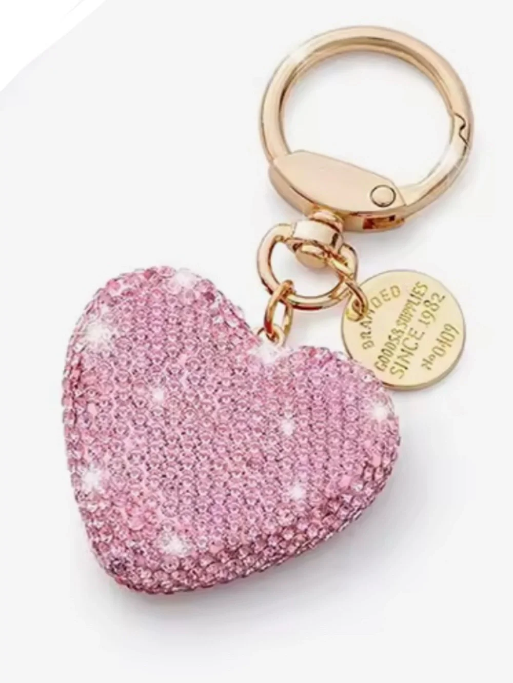 Luxury Crystal Pink Heart Key Ring with Gold Hardware